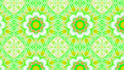 Seamless psychedelic kaleidoscope pattern with neon green, pink and orange mandala symmetry