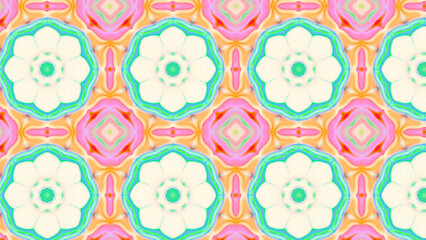 Seamless psychedelic kaleidoscope pattern with neon green, pink and orange mandala symmetry