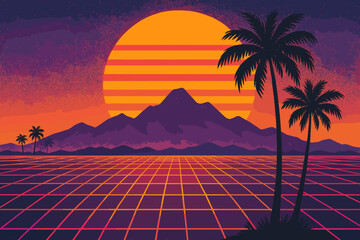 Naklejka premium Purple vector sunset landscape glowing retro illustration stretching silhouetted neon mountains setting