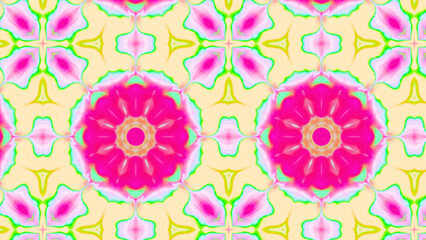 Seamless psychedelic kaleidoscope pattern with neon green, pink and orange mandala symmetry