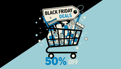 Black Friday deals on cleaning supplies with 50 off in a graphic shopping cart illustration © Benedizione Dal Vivo