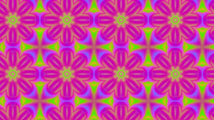 Seamless psychedelic kaleidoscope pattern with neon green, pink and orange mandala symmetry