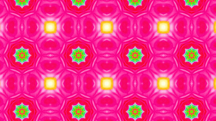 Seamless psychedelic kaleidoscope pattern with neon green, pink and orange mandala symmetry