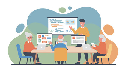 Seniors happily learning coding and technology skills from a young instructor in a modern class