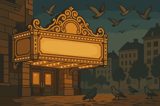 Marquee overhead vector pigeons golden illustration ornate city square theater warmly