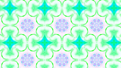 Seamless psychedelic kaleidoscope pattern with neon green, pink and orange mandala symmetry