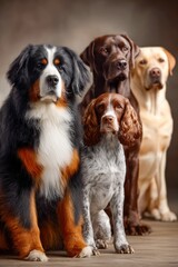 Four distinct dog breeds standing together in a studio setting