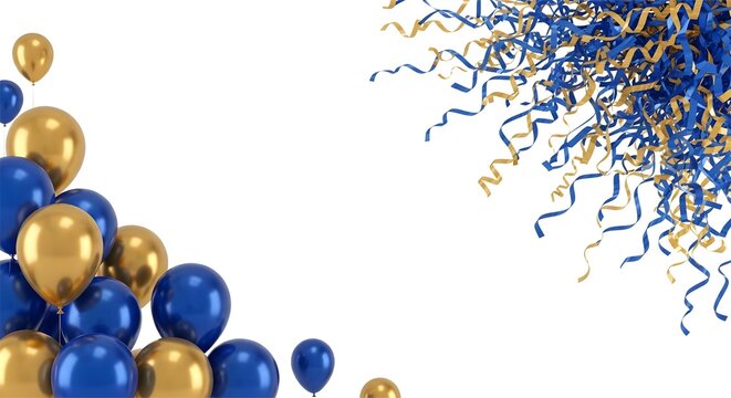 Festive blue and gold balloons and confetti elegant decoration elements for party celebrations isolated on white background