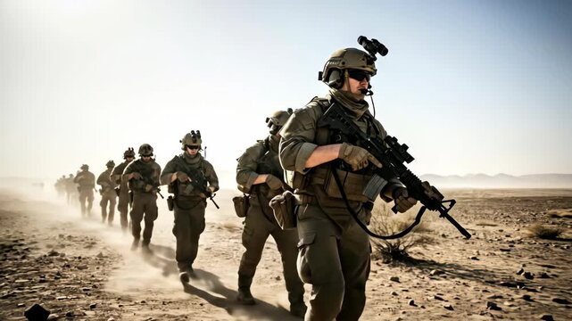 Military soldier group patrols desert terrain in formation. Conflict, war, and defense operation concept, footage.