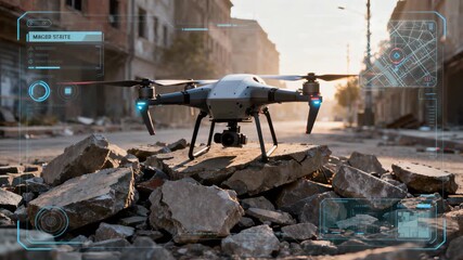 Advanced unmanned aerial vehicle scanning devastated cityscape, capturing detailed reconnaissance data through high-tech digital interface with strategic mapping and environmental analysis. - Powered by Adobe