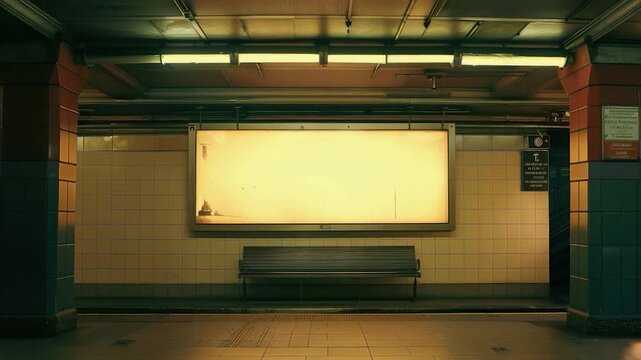 Video A person sitting on an empty bench in a subway station, surrounded by posters on the wall