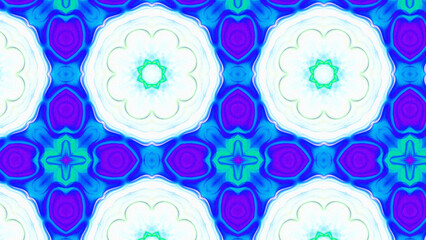 Seamless psychedelic kaleidoscope pattern with neon green, pink and orange mandala symmetry