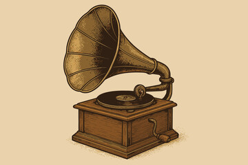 Details vector large brass antique illustration textured muted tones horn retro phonograph