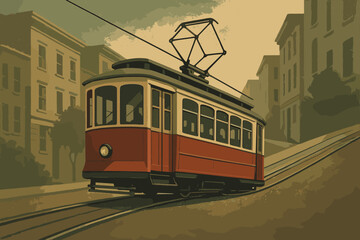 Naklejka premium Atmosphere illustration muted tones tram climbing tramcar textured street retro vector climb