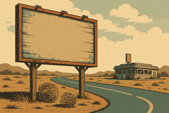 Nearby retro billboard tumbleweeds weathered distance diner route vintage vector roadside illustration
