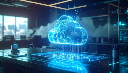 Cloud computing concept with a digital cloud hovering over a desk in an office.