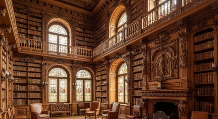 Obraz premium Ornate Wooden Library Interior: Historic Reading Room
