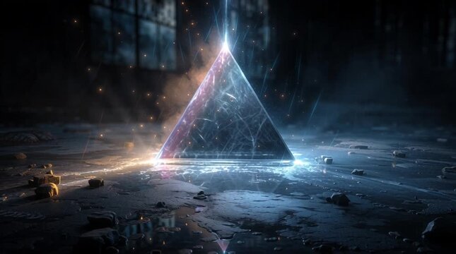 Mysterious Pyramid in a Dark, Urban Setting, with glowing rays of light