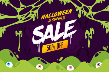 Halloween-themed sale banner with spooky green slime, bats, and eyeballs on a dark background, promoting a 50% discount in a fun horror style.