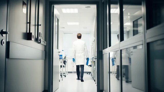 Scientist in white lab coat walks down a modern laboratory hallway holding a blue folder