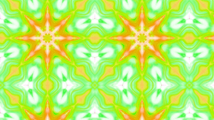 Seamless psychedelic kaleidoscope pattern with neon green, pink and orange mandala symmetry