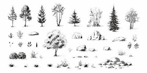 Collection of hand drawn black and white illustrations of various trees bushes rocks and grass elements © Anik