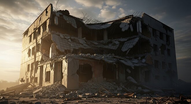Damaged Multi-story Building Ruins Debris Urban Decay in Sunset Light - Powered by Adobe