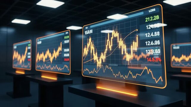Digital stock market trading screens displaying financial charts and data in a modern office - Powered by Adobe