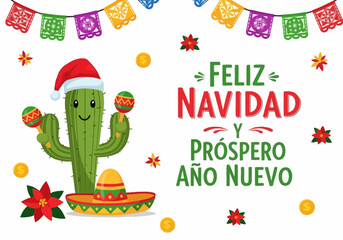 Naklejka premium Festive cactus illustration with holiday decorations and text