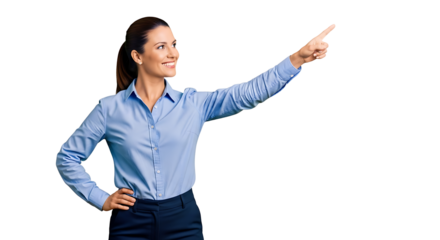 Smiling businesswoman confidently points upward, presenting something interesting on transparent background
