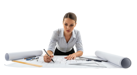 Architect intensely drafting building plans with professional tools on transparent background