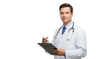 Kind doctor in white coat writing notes on transparent background