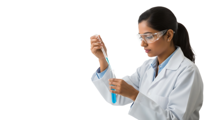 Female scientist in lab coat pipetting blue solution on transparent background