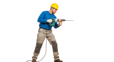 Construction worker attentively drilling, wearing protective gear, presented on transparent background