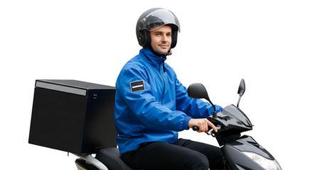 Friendly delivery person rides scooter with storage box on transparent background