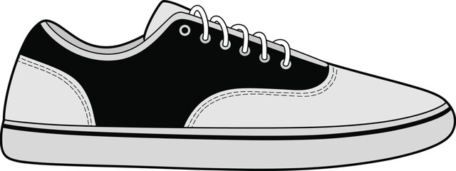 Side view sneaker illustration, black and gray shoe, casual footwear sketch, lace-up sneaker design, flat sole fashion drawing