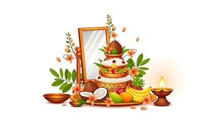 Fototapeta premium Decorative Traditional Diwali Festival Arrangement with Coconut Mango Banana Flowers and Oil Lamp