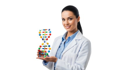 Confident scientist displays colorful DNA molecular model on transparent background