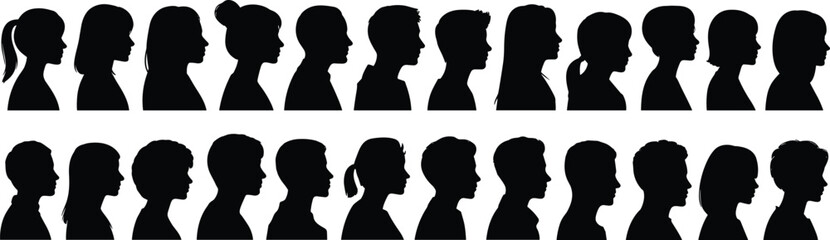 Human head silhouettes, diverse profiles, black vector heads, hairstyle variety, side view faces, minimal design, people icons, graphic diversity, identity concept, avatar set