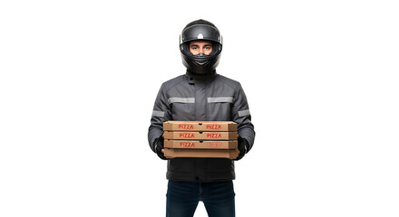 Focused pizza delivery man holding stack of boxes on transparent background