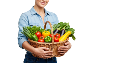 Cheerful woman holds a basket full of organic vegetables on transparent background