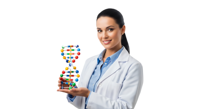 Confident scientist displays colorful DNA molecular model on transparent background - Powered by Adobe