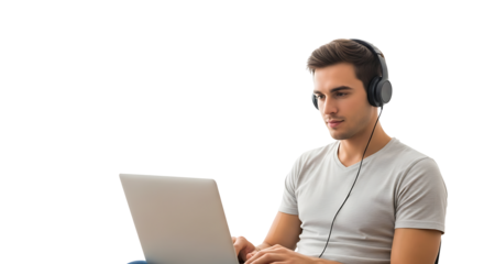 Focused young man using laptop with headphones on transparent background
