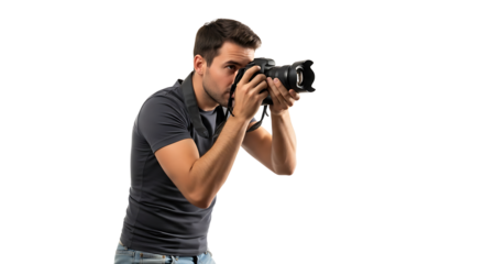 Focused photographer taking a picture with DSLR camera on transparent background