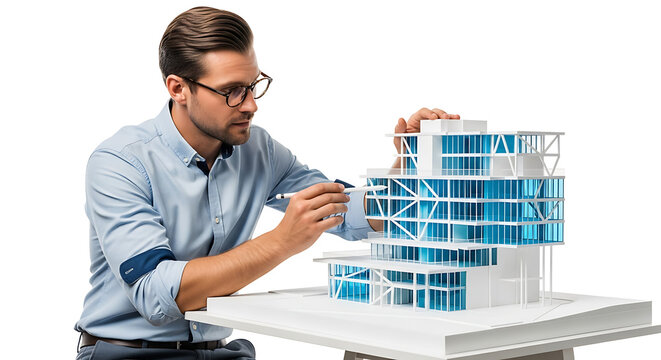 Dedicated architect examining a complex building model on transparent background - Powered by Adobe