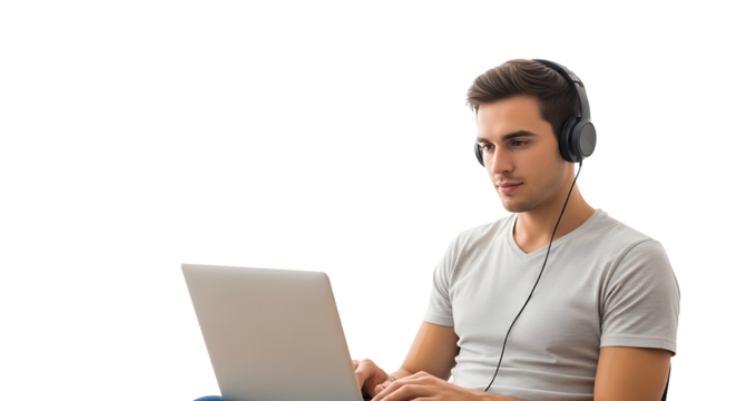 Focused young man using laptop with headphones on transparent background