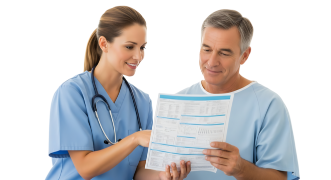 Friendly medical professional assisting patient with forms on transparent background