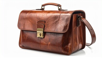 Brown leather briefcase with polished finish, gold clasp, and detachable strap for editorial business photography professional accessory decor and poetic utility-themed visuals