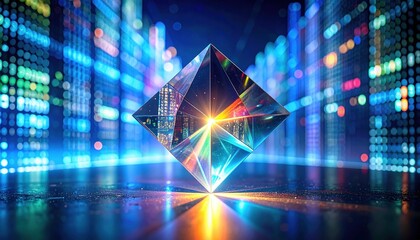 Abstract crystal prism glowing with colorful light representing blockchain technology digital art nft evolution and the new era of metaverse creativity