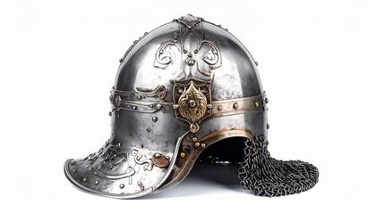 Medieval great helm with brass cross design, chainmail, and riveted metalwork for editorial historical photography knight armor decor and poetic fortitude-themed visuals